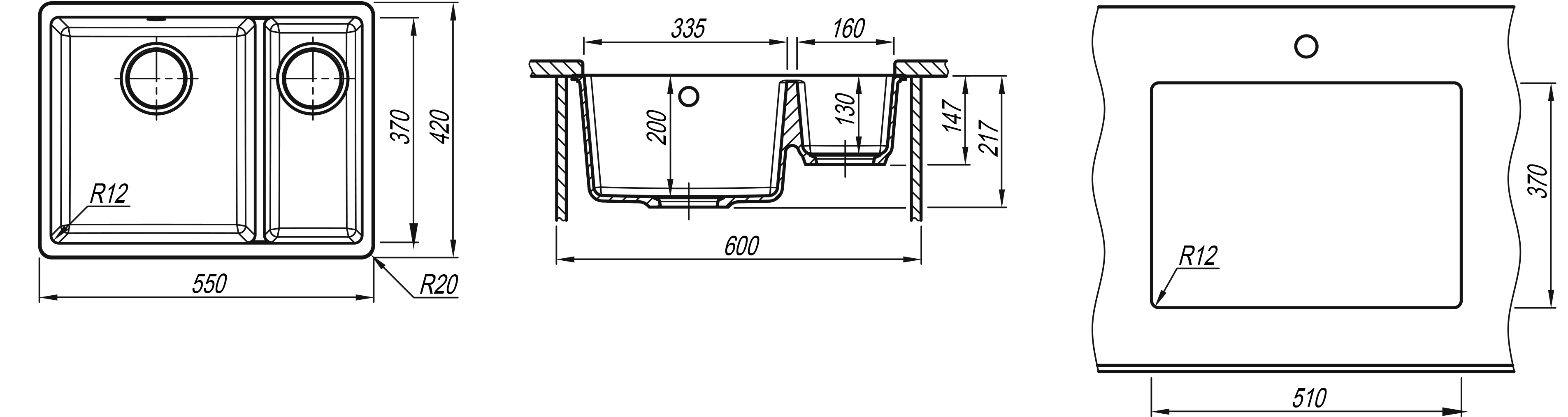 Мойка Flortek Ринг 335/160 черный (550x420 мм) 24.055.D0510.102