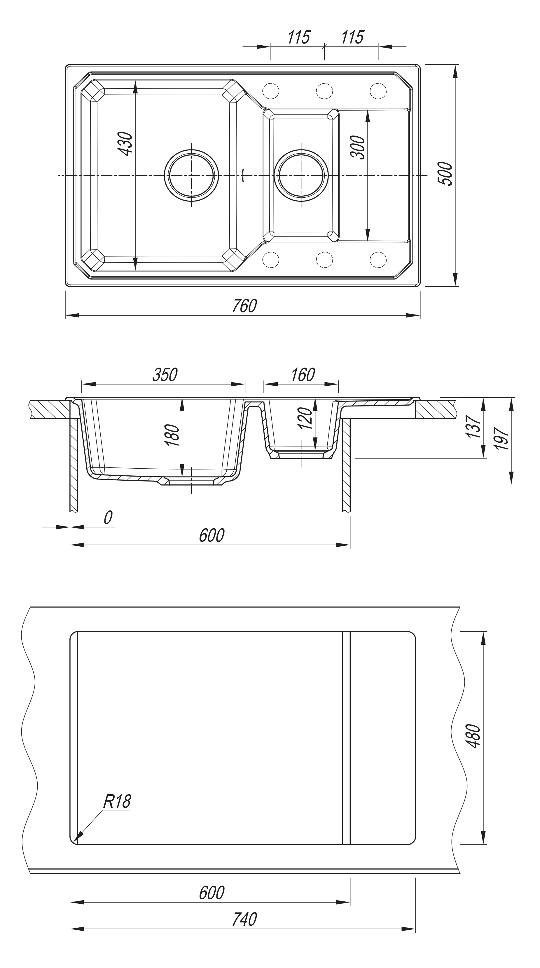 Мойка Bamboo Кардинал 760К черный 29.035.D0760.407 (760x500 мм)