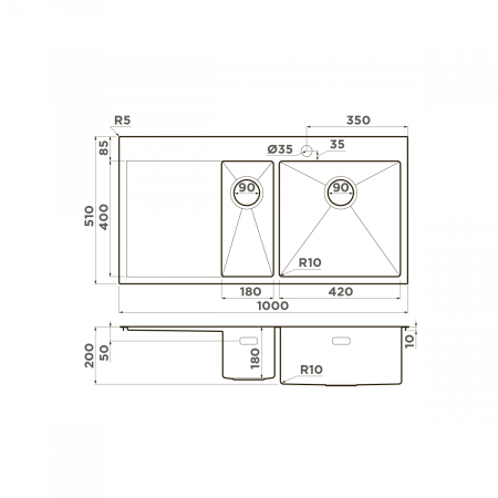 Мойка Omoikiri Akisame 100-2-LG-R светлое золото (1000x510 мм) 4973090